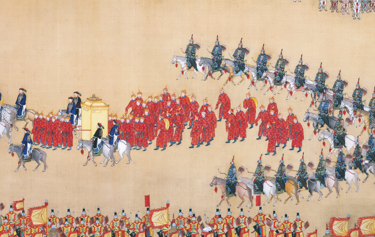 Kejser Qianlongs gennemgang af den store parade af tropper, håndscroll af Chinese School