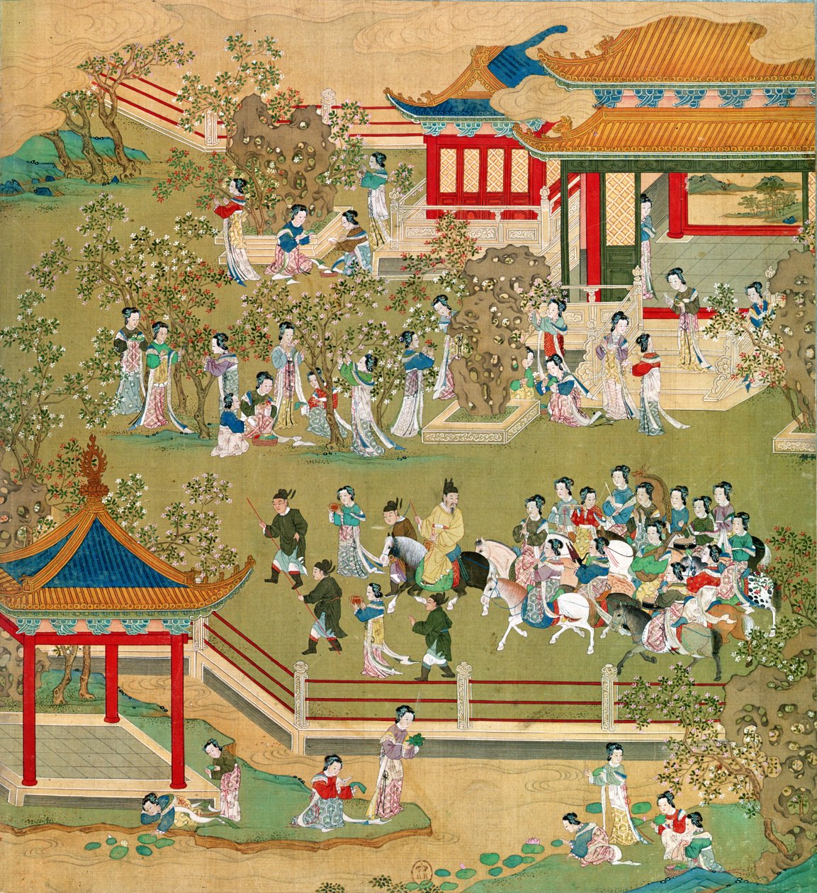 Kejser Yang Ti (581-618) slentrer i sine haver med sine koner, fra en historie med kinesiske kejsere (farve på silke) (se også 176855) af Chinese School
