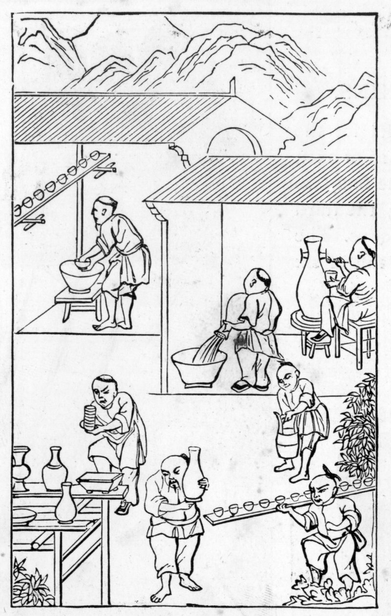Emaljering, fra en række illustrationer om fremstilling af porcelæn (se 384116 & 384117 for hele serien) af Chinese School