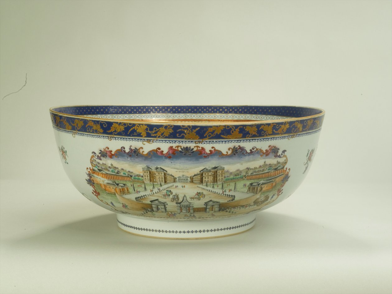 Famille rose punch skål med ovalt blade panel, der forestiller Foundling Hospital i 1750