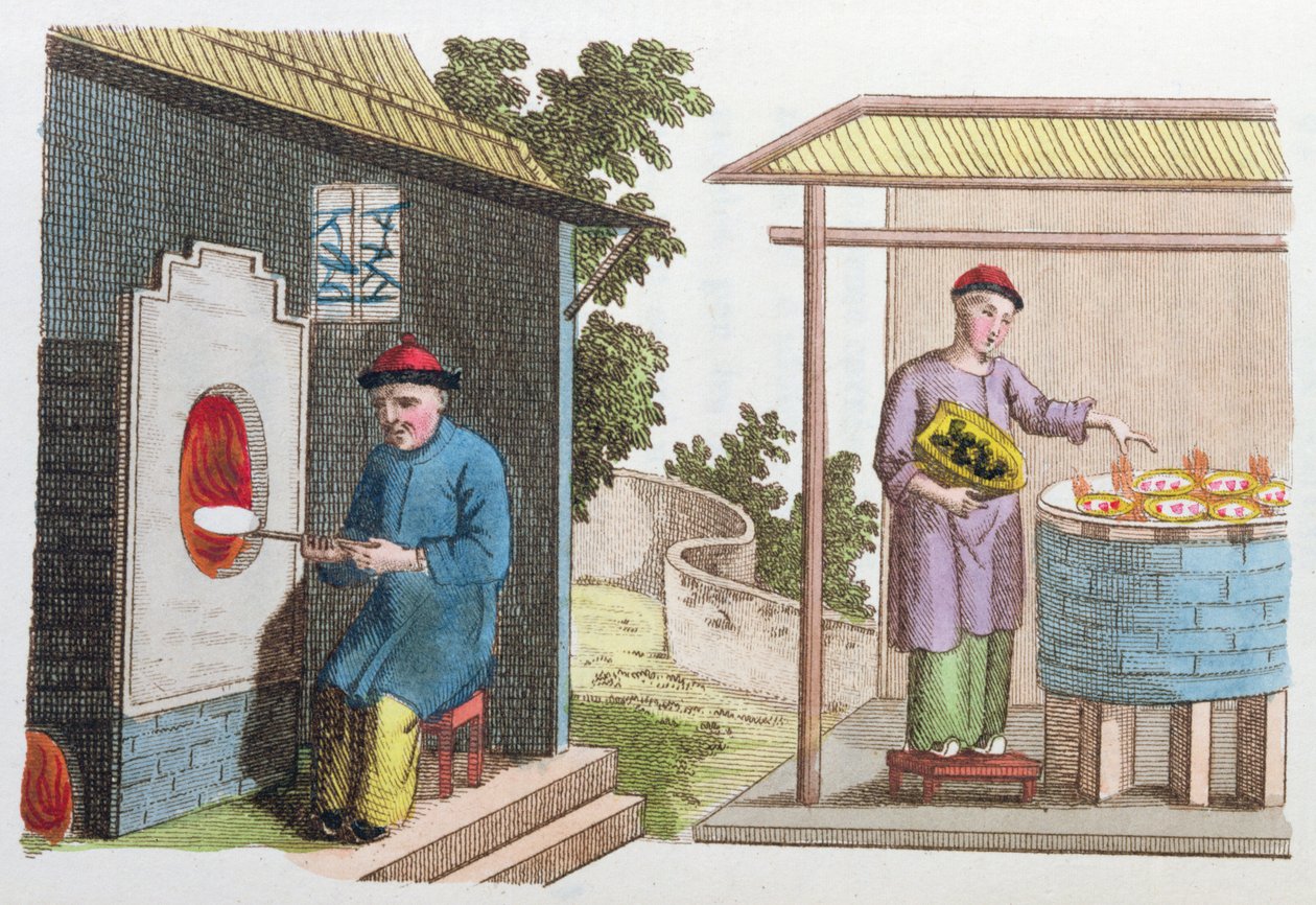 Brænding af porcelæn i Kina i slutningen af det 18. århundrede, fra La Chine en Miniature, af J.B. Breton, Paris, redigeret af Nepveu, 1811 (farvestik) af Chinese School
