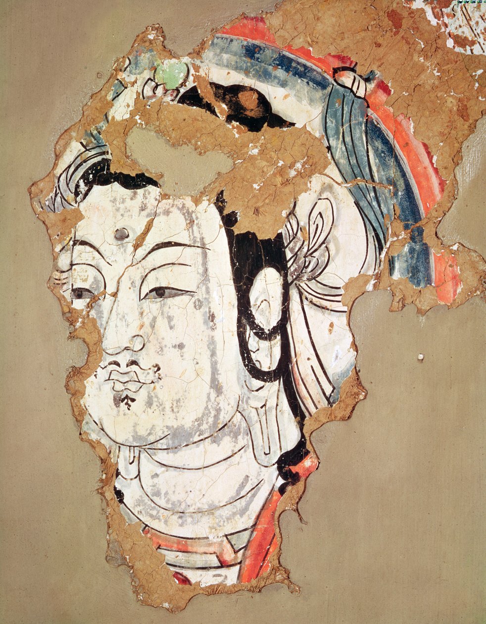 Buddhas hoved med en glorie, fra Kao-chang, Xinjiang, kinesisk Turkestan, 8.-9. århundrede af Chinese School