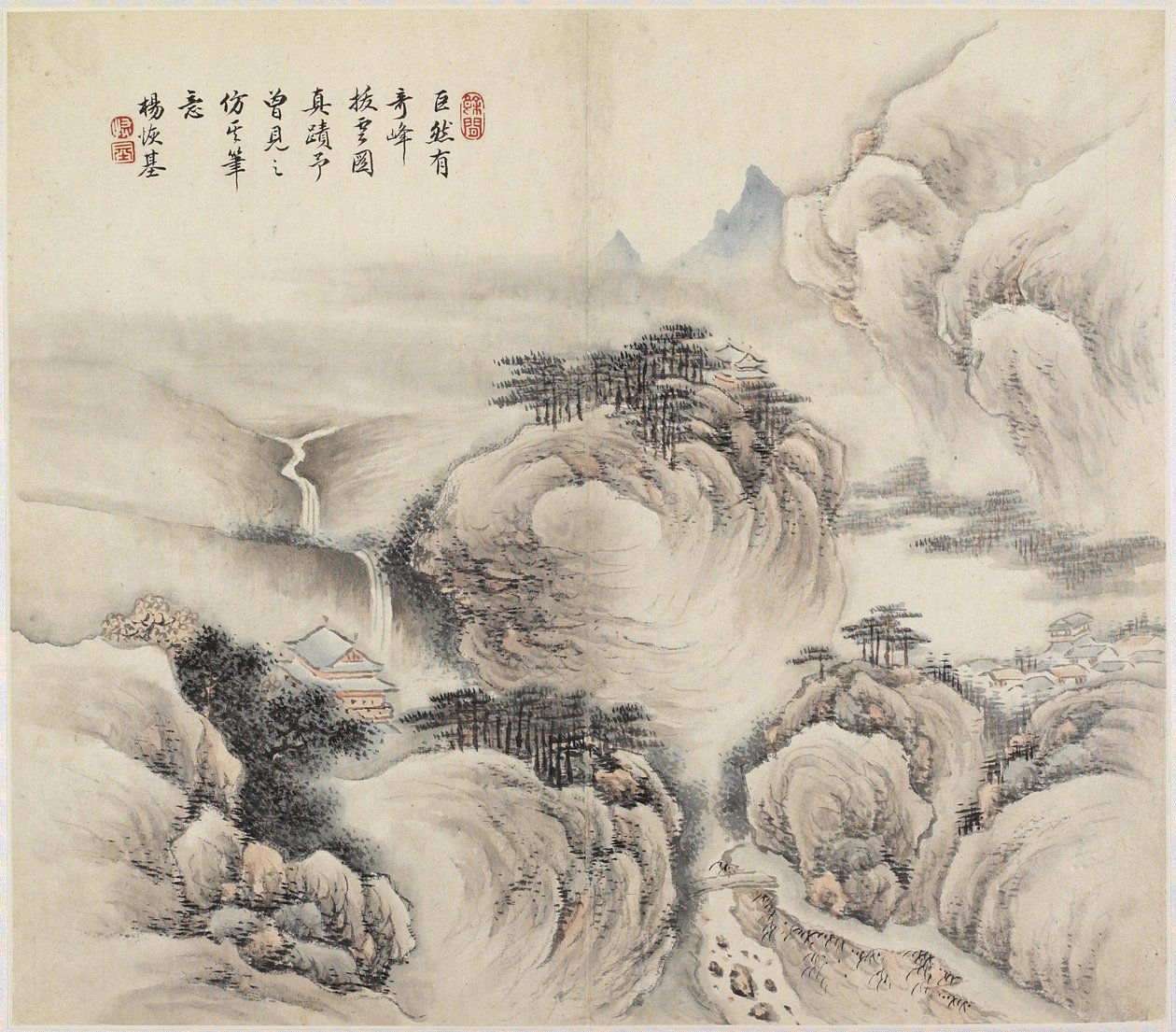 Landskab (blæk og farver på papir) af Chinese School