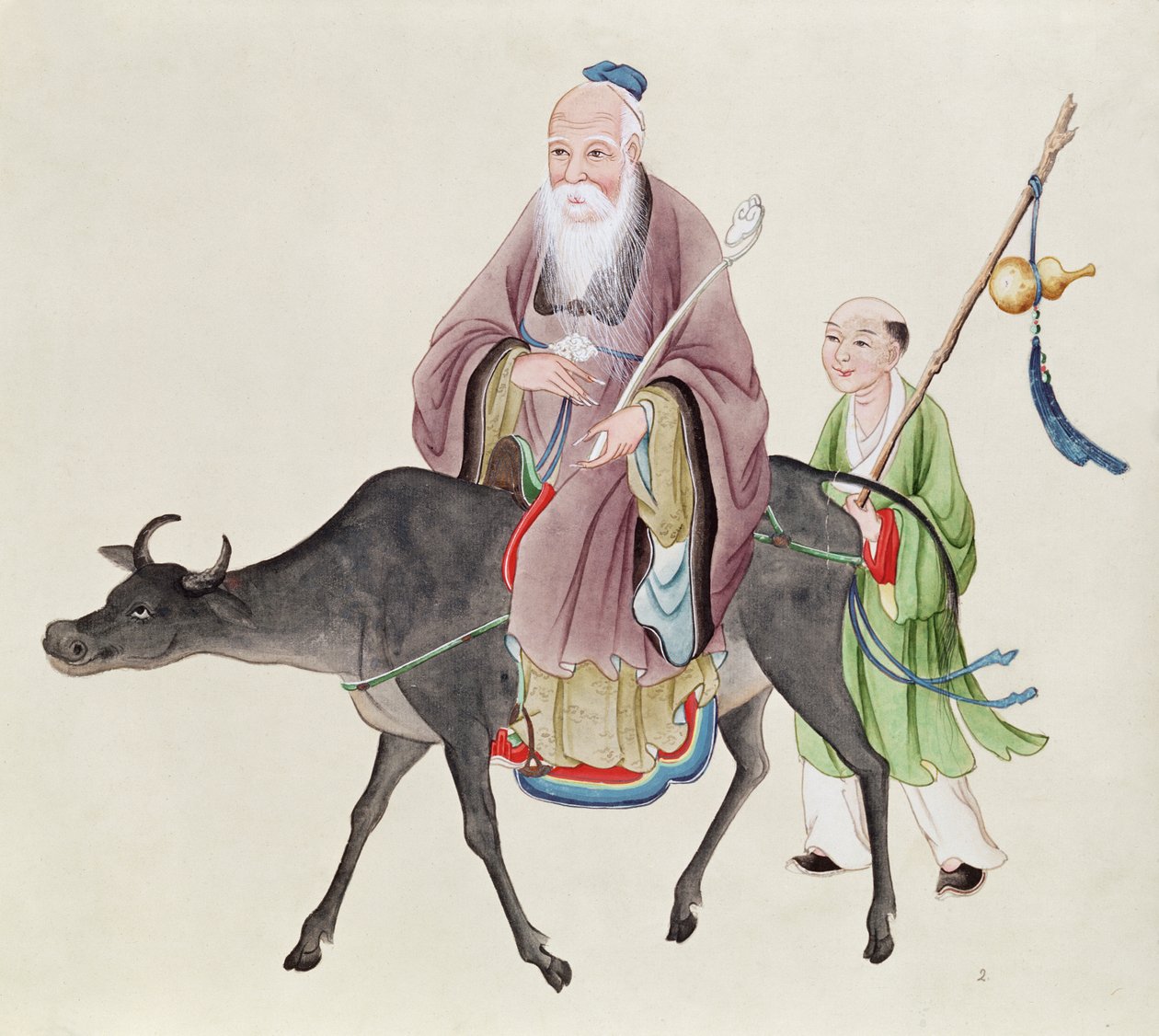 Lao-Tzu (ca. 604-531) på sin bøffel, efterfulgt af en discipel (wc på papir) af Chinese School