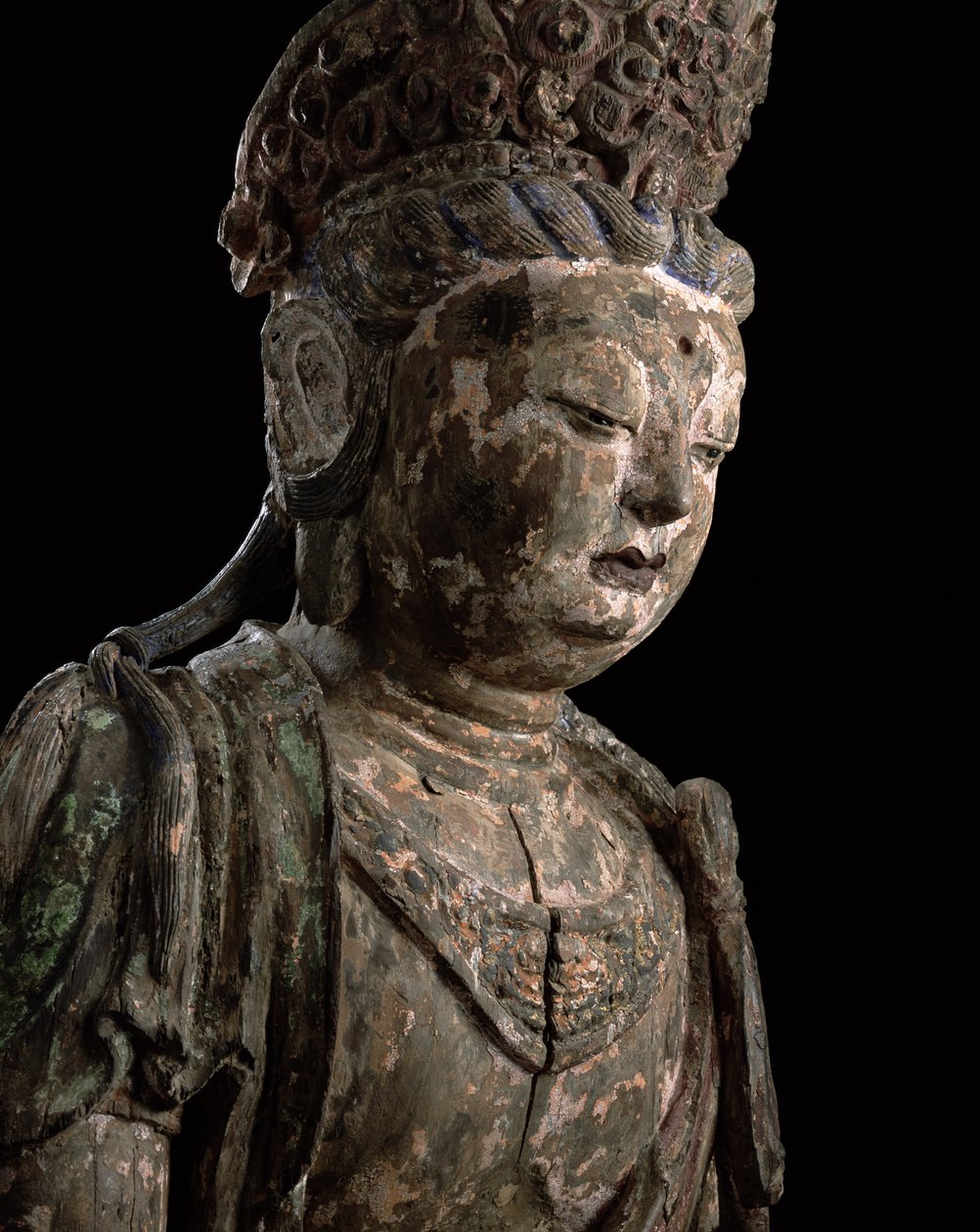 Stor siddende bodhisattva i meditation, Jin-dynastiet (1115-1234) (træ og pigment) (detaljer) (se 206544) af Chinese School