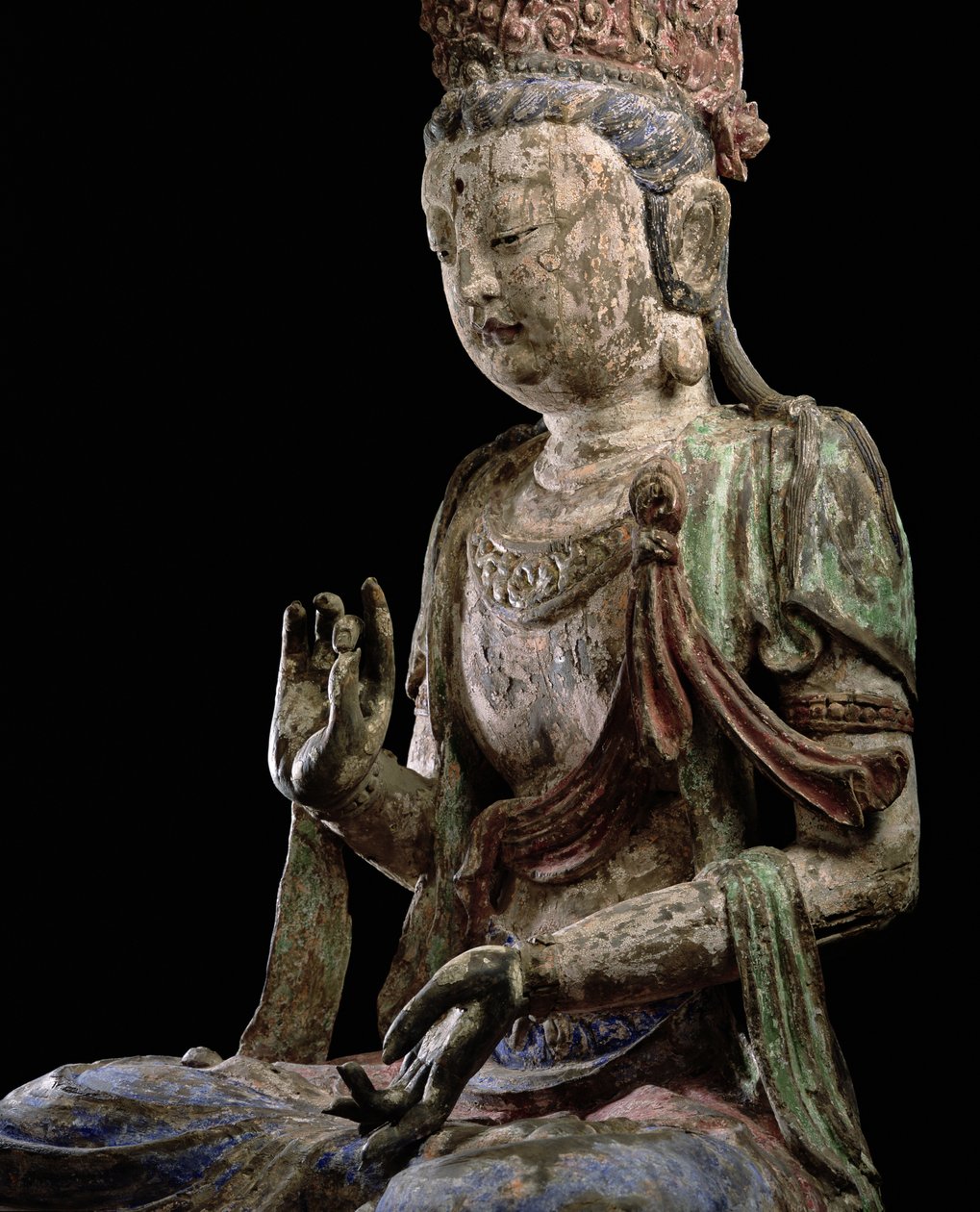 Stor siddende bodhisattva med hævede hænder, Jin-dynastiet (1115-1234) (træ og pigment) (detaljer) (se 206546) af Chinese School