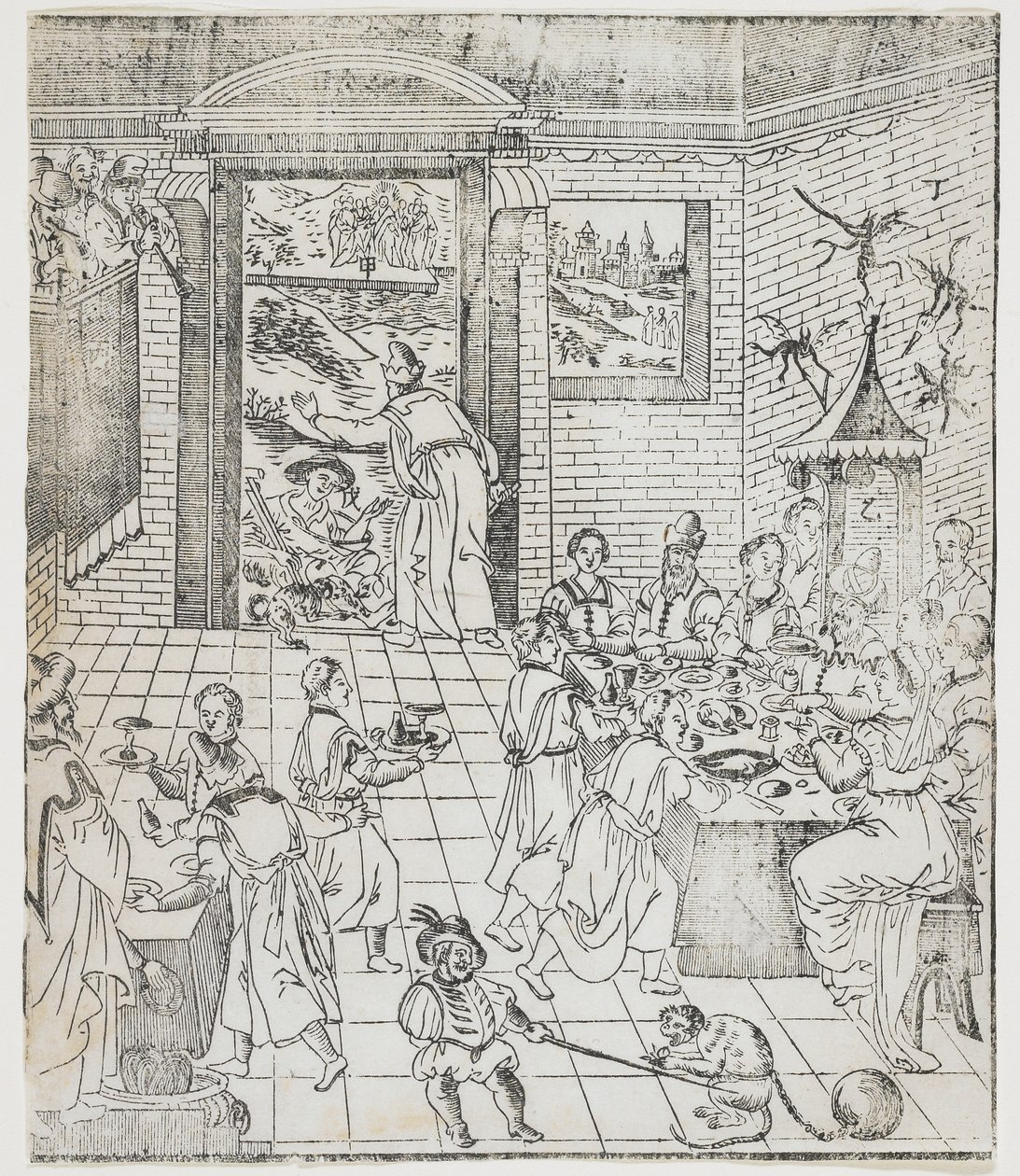 Lazarus ved den rige mands hus, tallerken fra Giulio Alenis Tianzhu jiangsheng zhuxiang jingjie (En illustreret historie om Himlens Herre, der blev inkarneret i kødet), Jinjiang Kirke, Fu af Chinese School