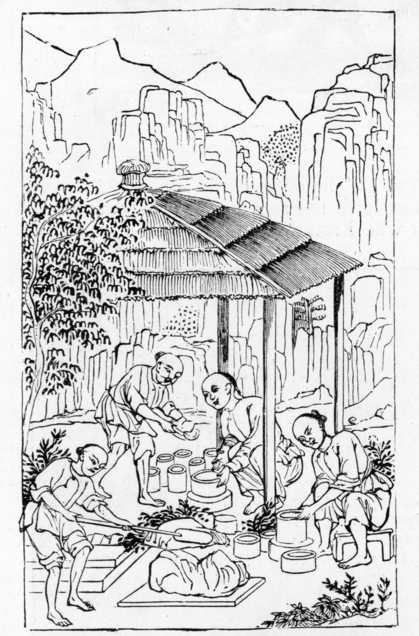 Fremstilling af grove lerkasser til at holde porcelænet i ovnen, fra en række illustrationer af fremstillingen af porcelæn (se 384116 & 384117 for hele serien) af Chinese School