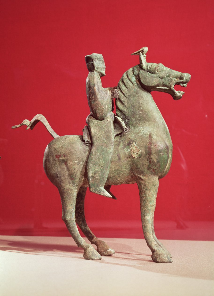 Mand til hest, fra Wu-wei, Kansu, østlige Han-dynastiet (bronze) af Chinese School