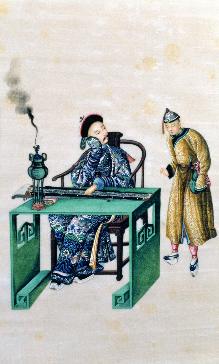 Mand med en lang Citer ved et Bord, med en Tjener af Chinese School
