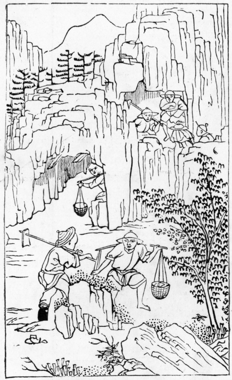 Minedrift efter hvidt ler, fra en række illustrationer af fremstilling af Kina (se 384116 & 384117 for hele serien) af Chinese School