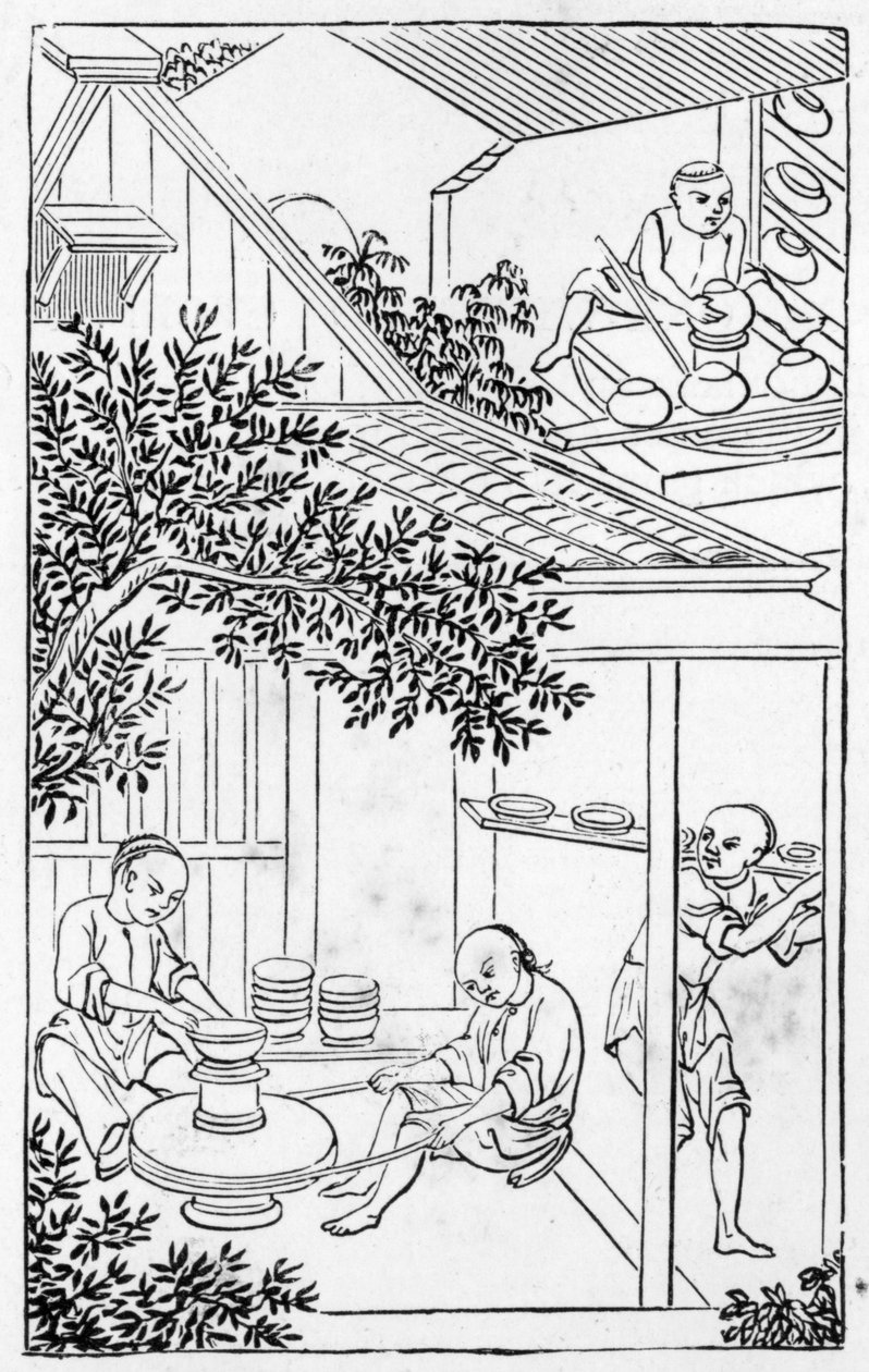 Støbning og placering på pottemagerhjulet, fra en række illustrationer om fremstilling af porcelæn (se 384116 & 384117 for hele serien) af Chinese School