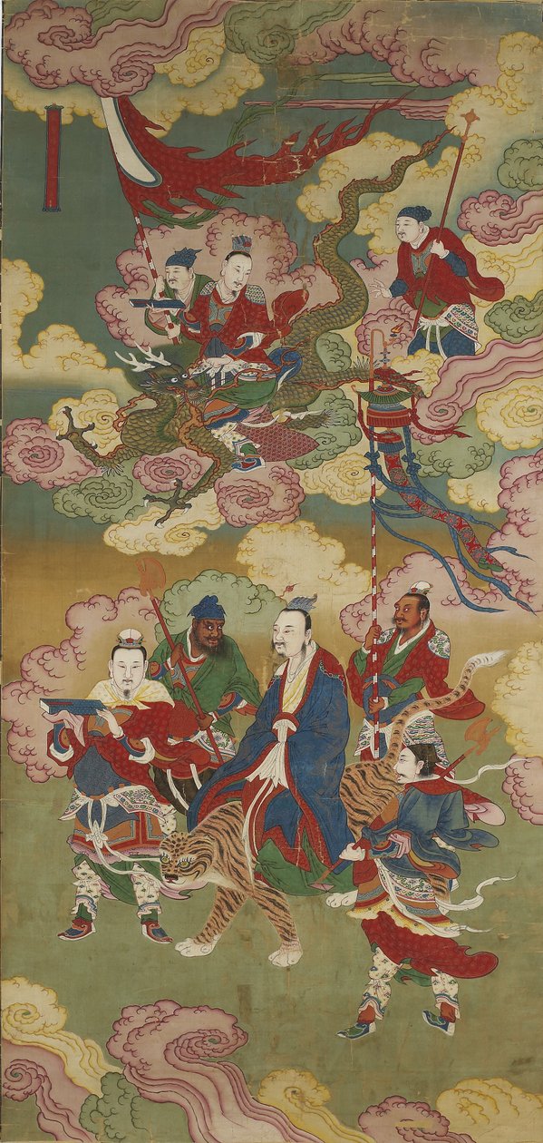 Talrige skatteudsendinge fra et buddhistisk land- og vandritualsæt (blæk, farve og guld på silke) af Chinese School