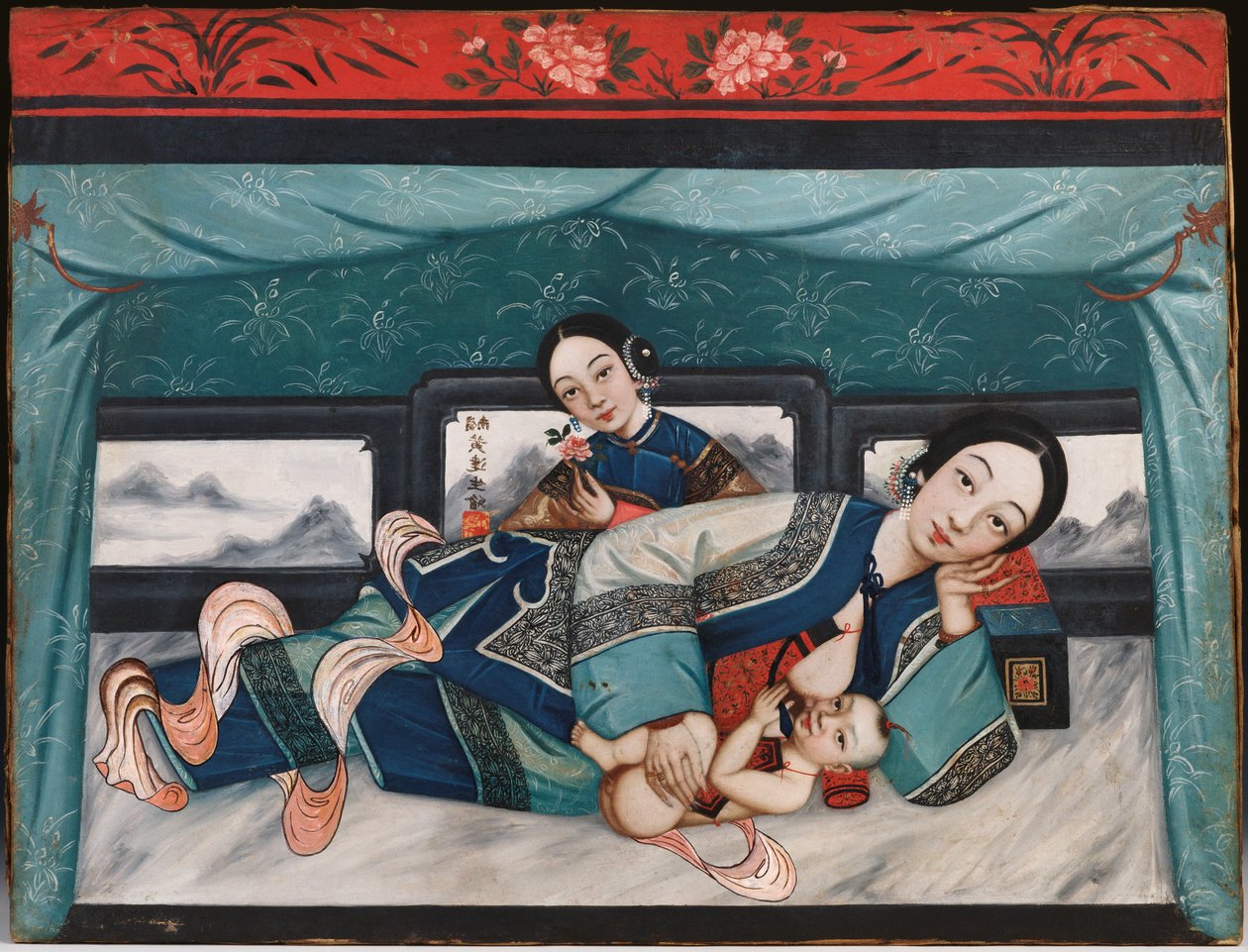 Plejemødre med babyer og kvindelig ledsager, ca. 1870 af Chinese School