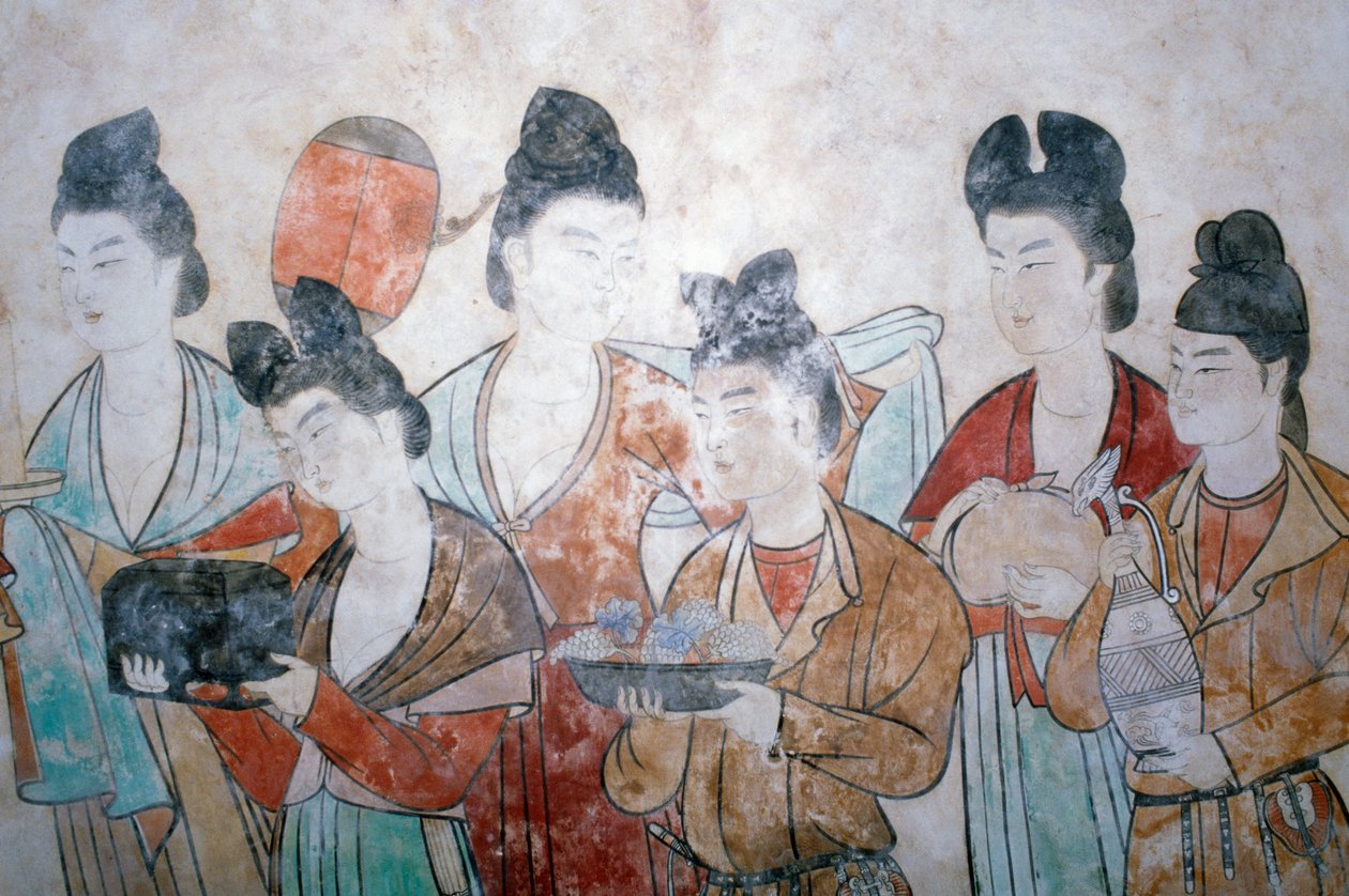Udbud af gaver, vægmaleri fra Wu Tse Tiens grav, Chien-grave, Tang-dynastiet, Kina, Shan Xi, 8. århundrede af Chinese School