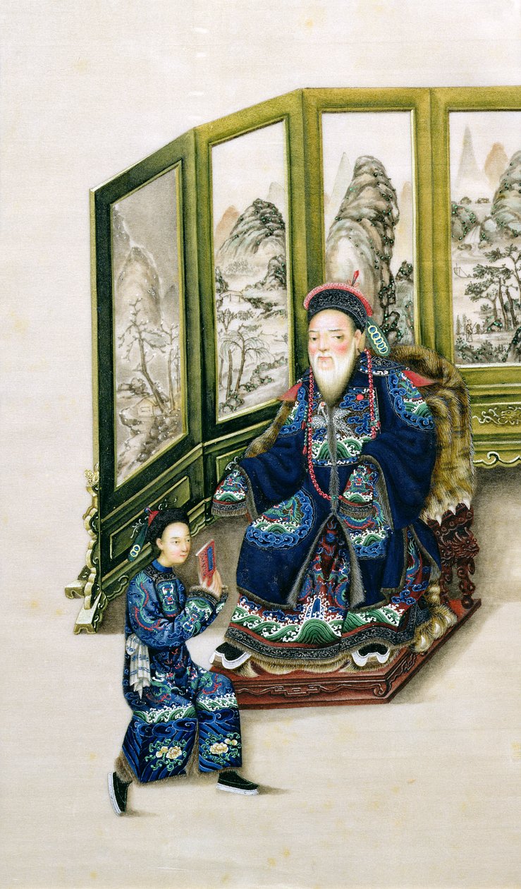 Gammel mand siddende med en tjener læser af Chinese School
