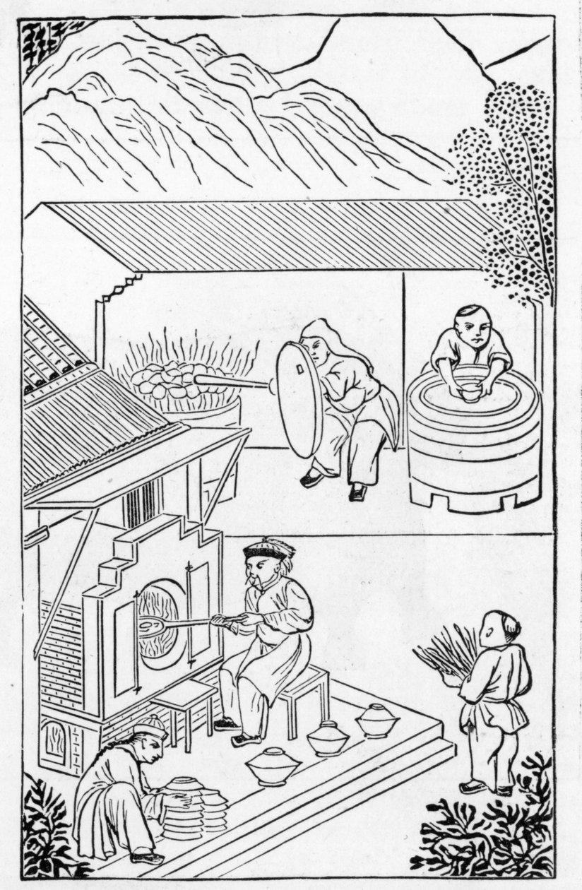Åbning og lukning af ovne, fra en række illustrationer om fremstilling af porcelæn (se 384116 & 384117 for hele serien) af Chinese School