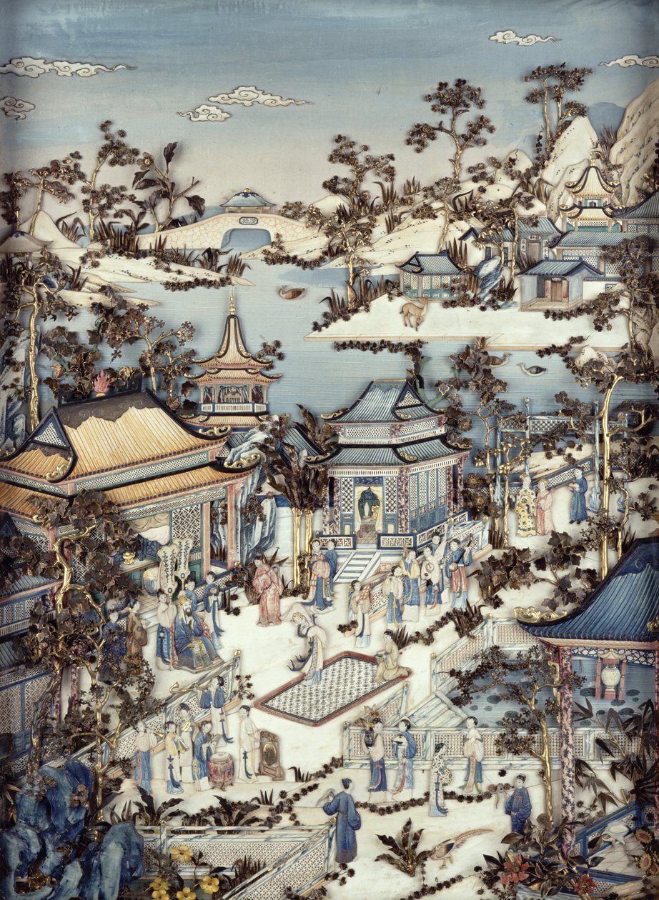 Panel, der forestiller en dignitær med ledsagere, der ser en kvindelig danser, Qianlong-periode, 1736-95 (en af et par) (polykrom elfenben) (se 206572) af Chinese School