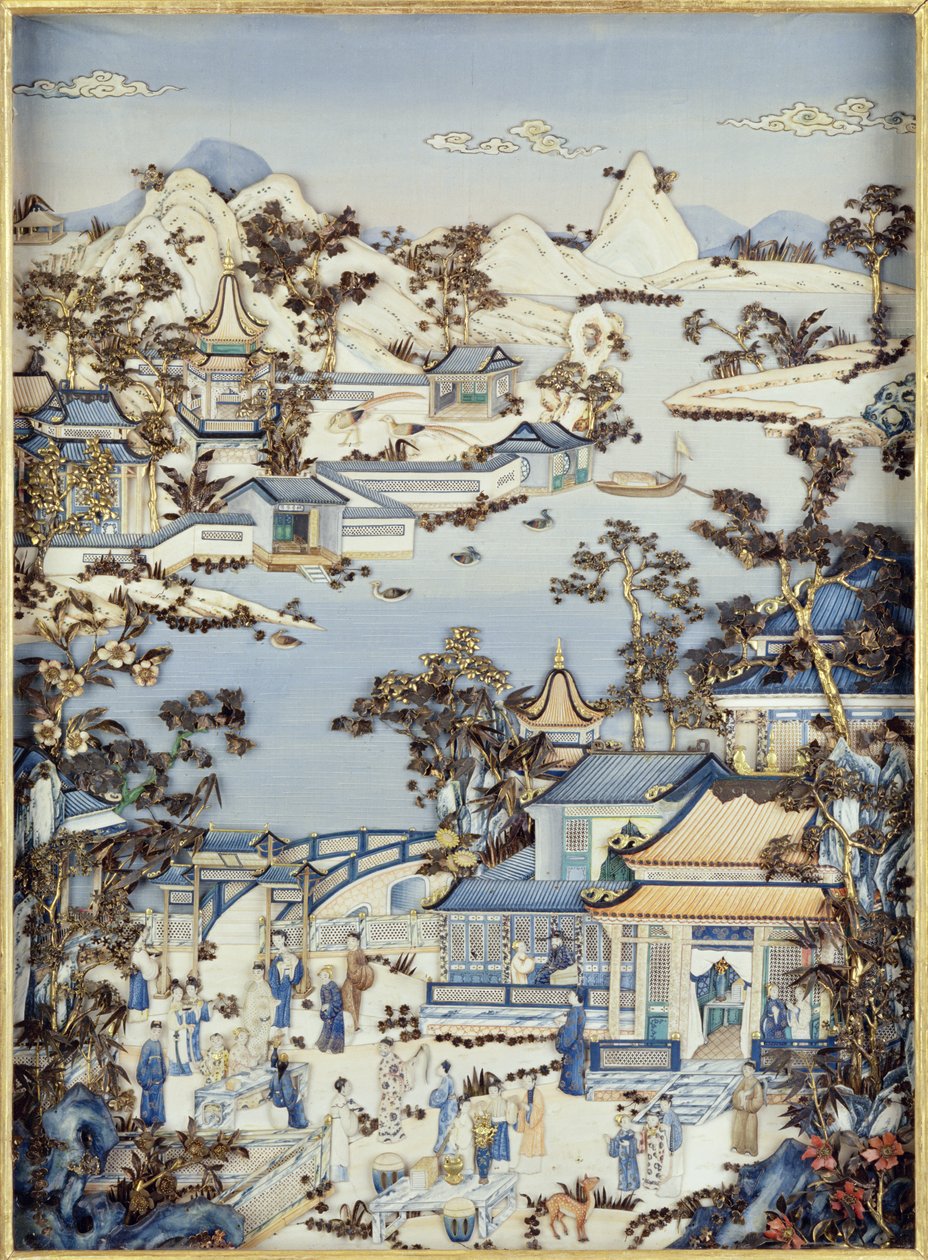 Paneler, der viser figurer på en terrasse, Qianlong-periode, 1736-95 (polykrom elfenben) (en af et par) (se 206571, 206573) af Chinese School