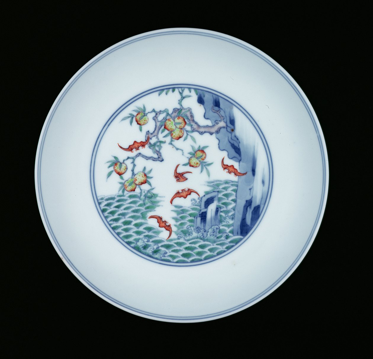 Porcelænsfad malet i underglasur blå og ducai emalje, 1723-1735 (porcelæn) af Chinese School