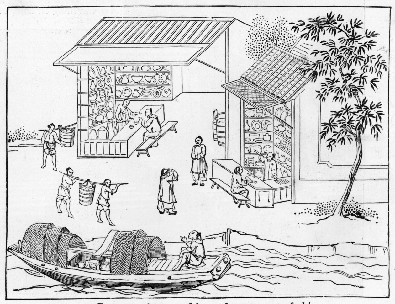 Porcelænsbutikker og både til transport af porcelæn, fra en række illustrationer om fremstilling af porcelæn (se 384116 & 384117 for hele serien) af Chinese School