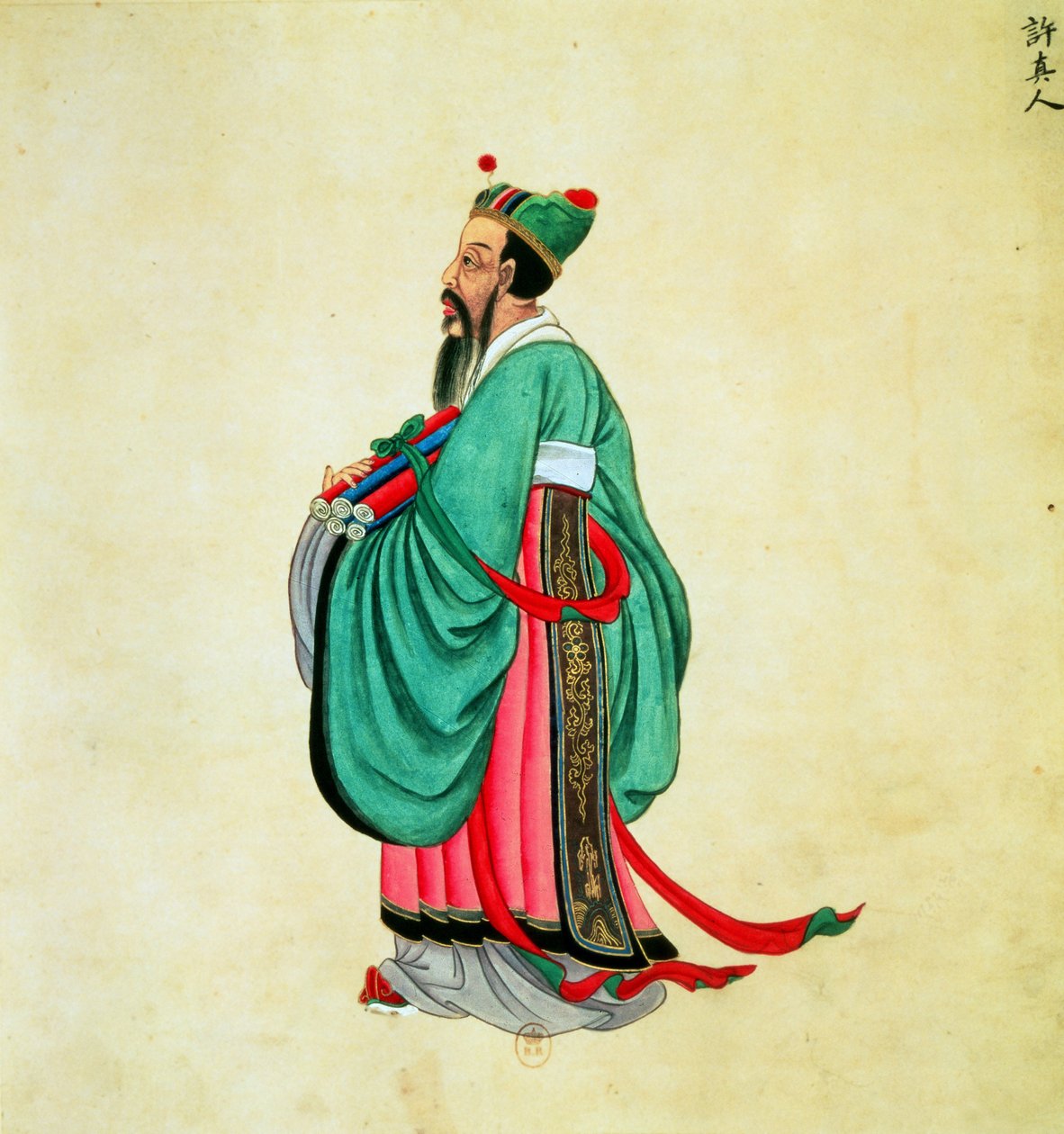 Portræt af Confucius (ca. 551-479 f.Kr.) (gouache på papirrulle) af Chinese School