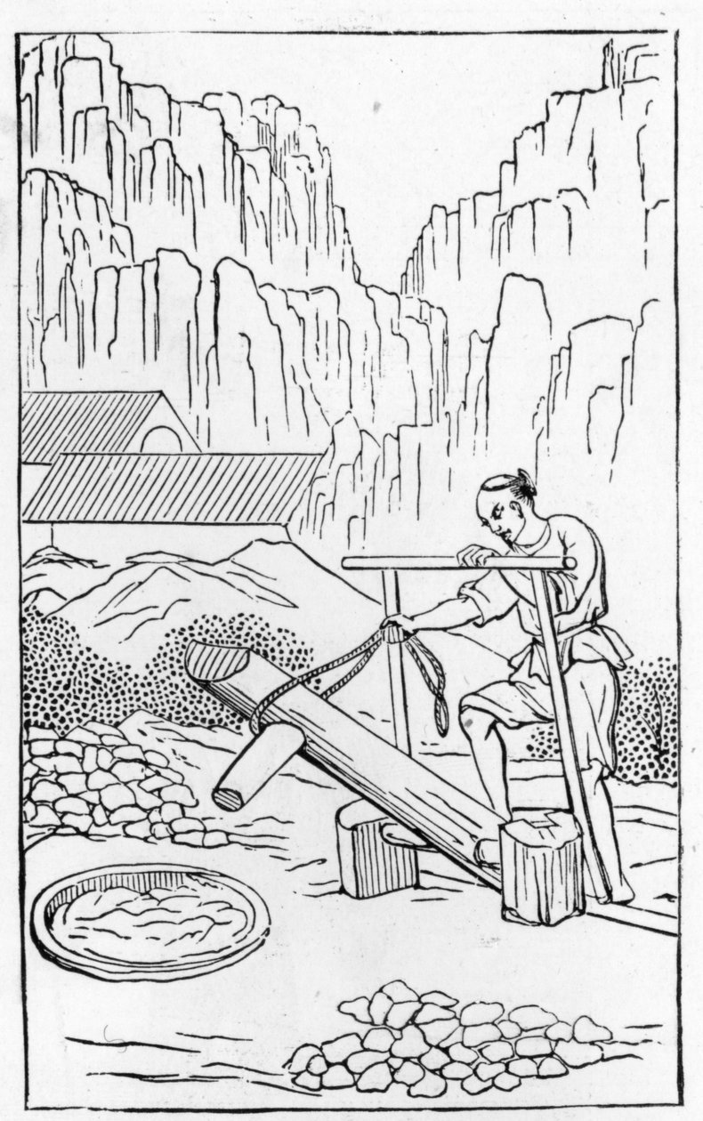 Pounding the clay, fra en serie af illustrationer af fremstillingen af Kina (se 384116 & 384117 for hele serien) af Chinese School