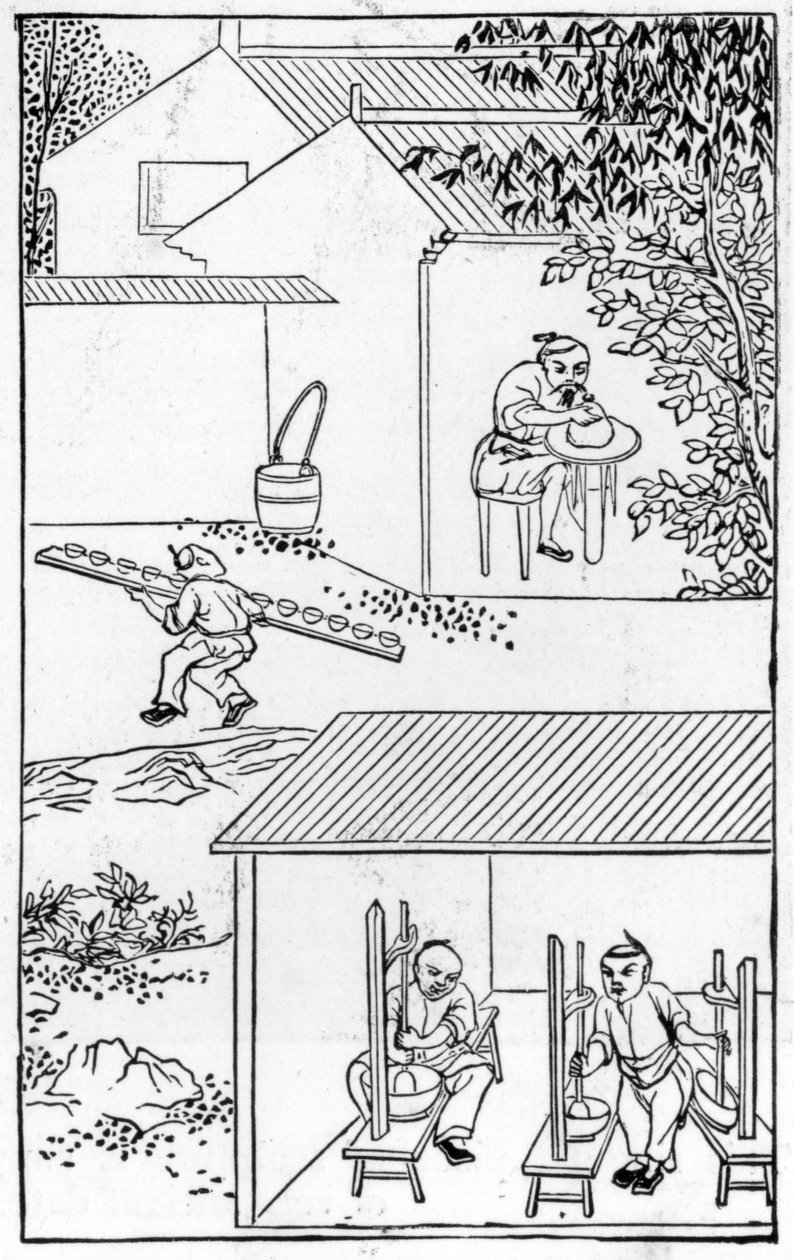 Dunkende farver, fra en række illustrationer om fremstilling af porcelæn (se 384116 & 384117 for hele serien) af Chinese School