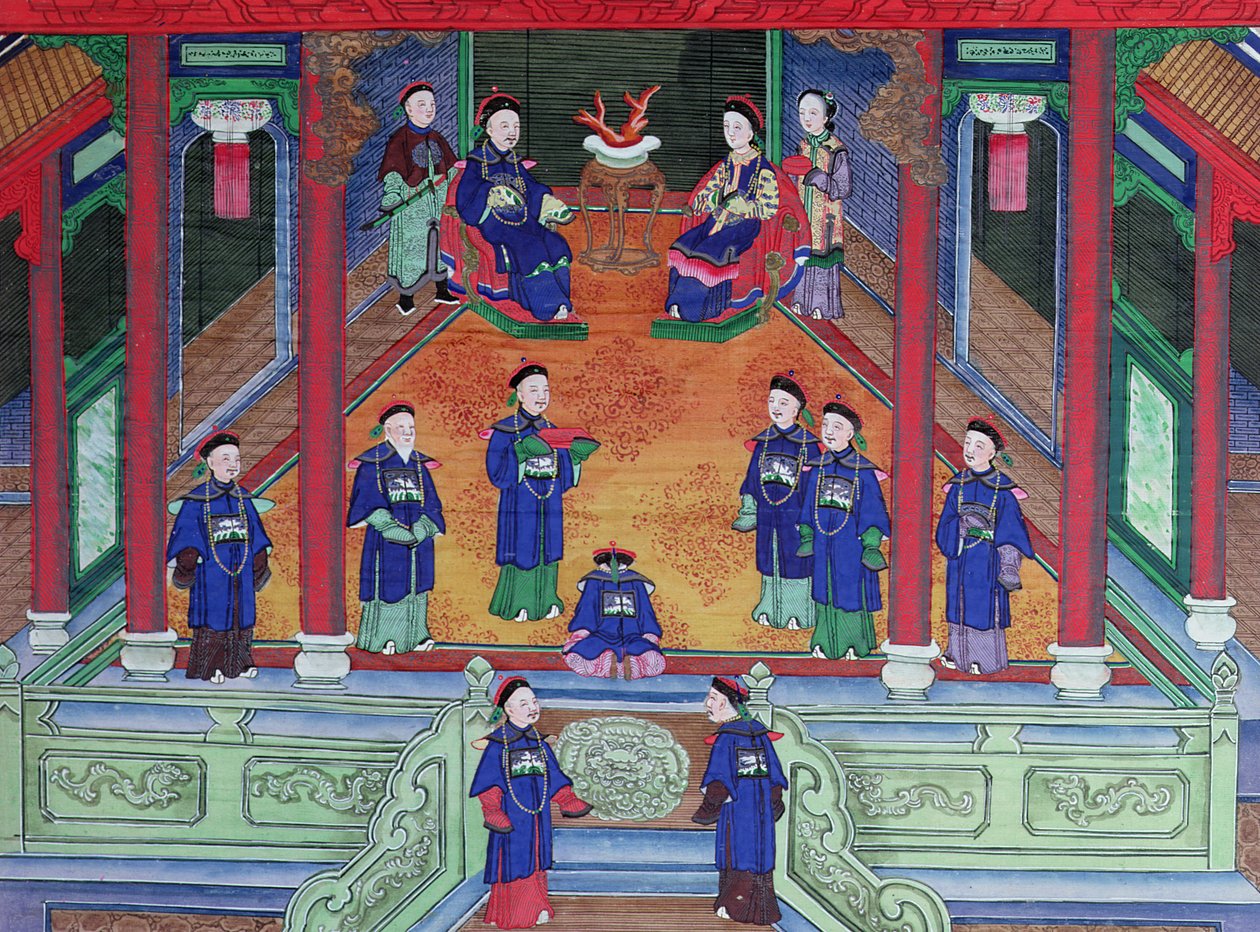 Scene, der forestiller en kinesisk kejserlig embedsmand derhjemme siddende med sin kone (gouache på silke) af Chinese School