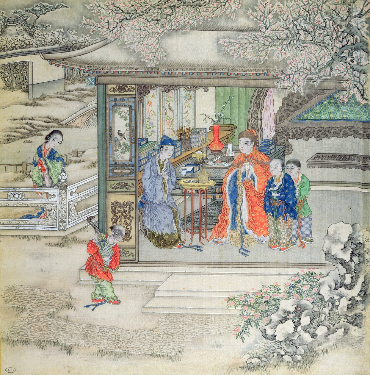 Scene i en have med en familie, der modtager besøgende (gouache på silke) af Chinese School