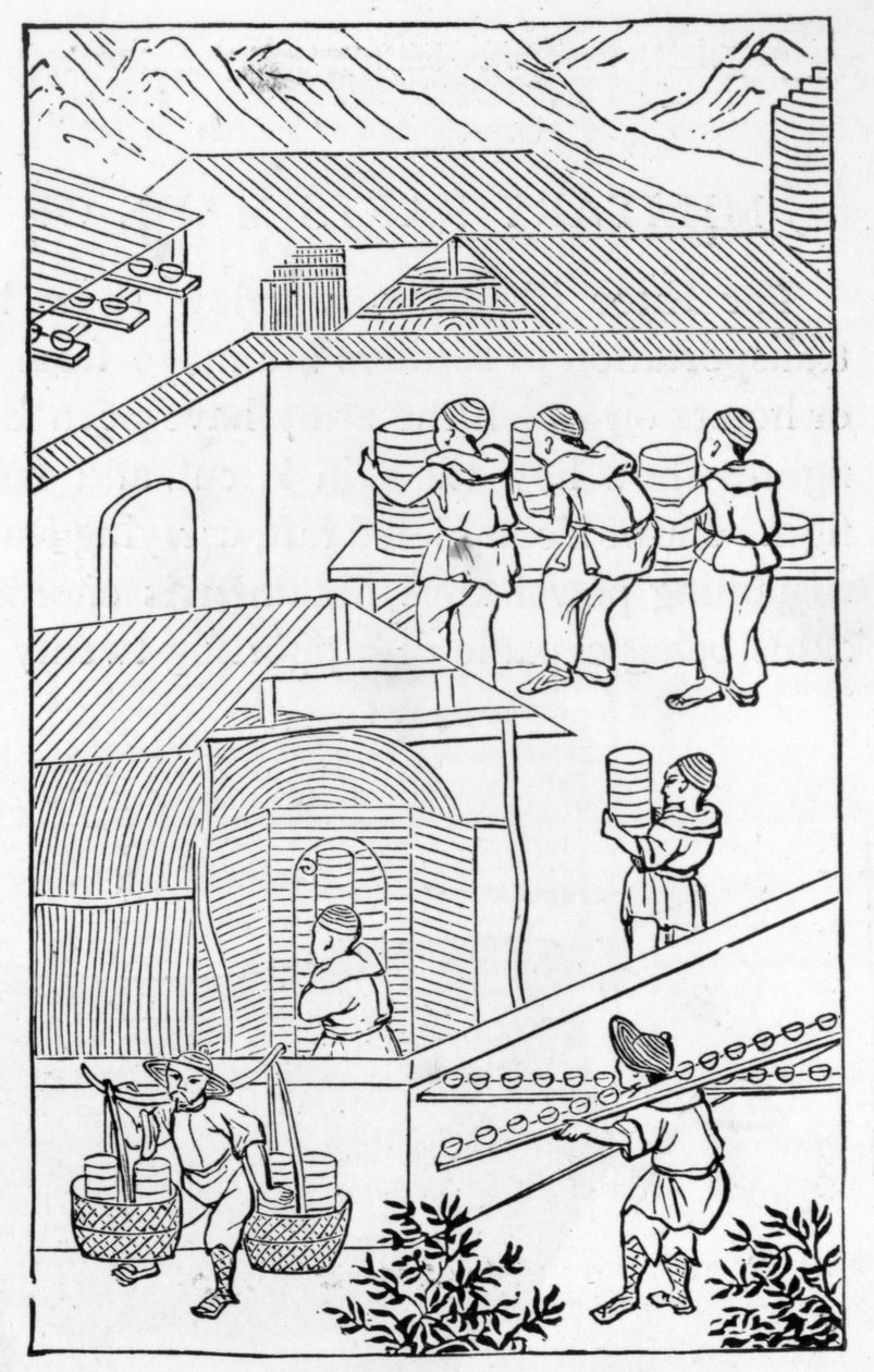 Scene med aktiviteter på en Kina-fabrik, fra en række illustrationer om fremstilling af Kina (se 384116 & 384117 for hele serien) af Chinese School