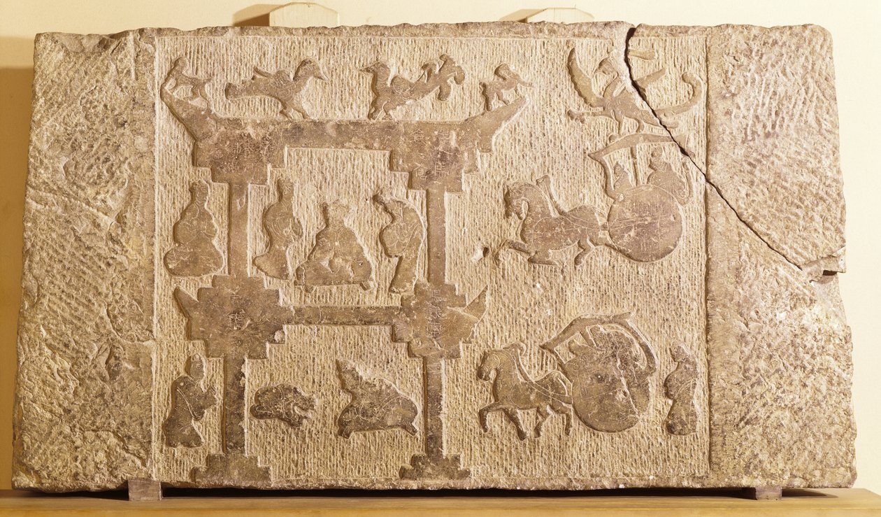 Plade dekoreret med vogne og mytiske fugle, Han-dynastiet (206 f.Kr.-220 e.Kr.) (sandsten) af Chinese School