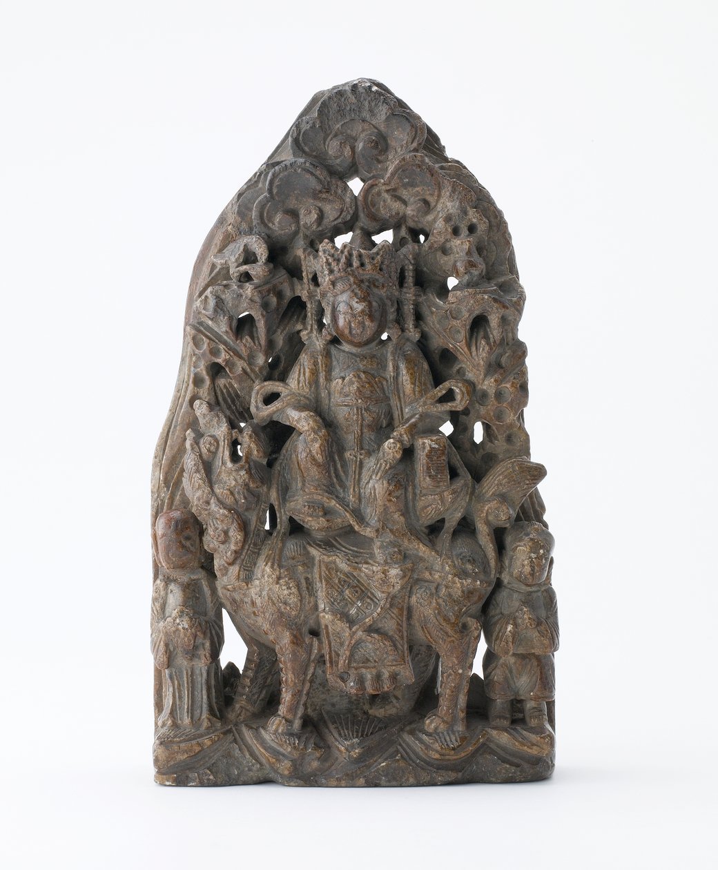 Lille fedtstenstablet, med gennemboret relief af Manjusri på løve, delingsperiode, 543 e.Kr. af Chinese School
