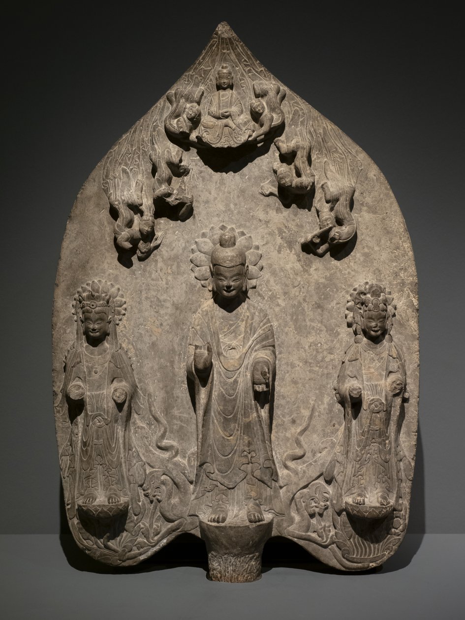 Stele votive med en buddhistisk triade. Nordkina, det østlige Wei-dynasti af Chinese School