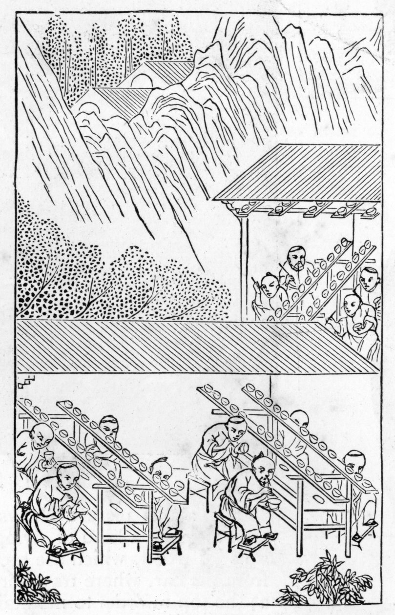 Studio af malere i emalje, fra en række illustrationer om fremstilling af porcelæn (se 384116 & 384117 for hele serien) af Chinese School