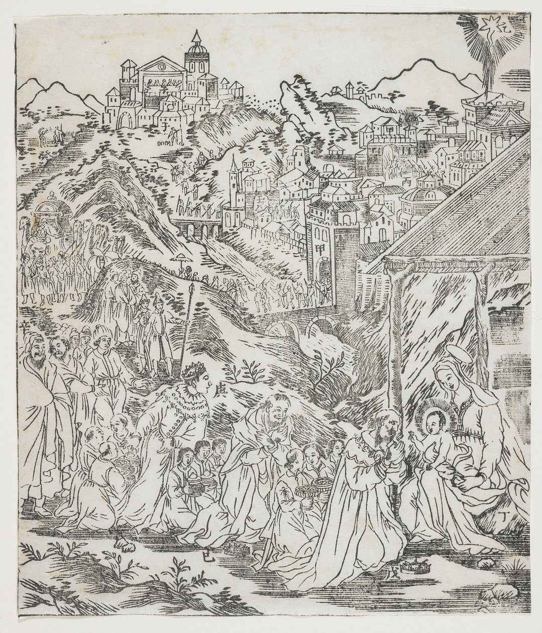 The Adoration of Christ, tallerken fra Giulio Alenis Tianzhu jiangsheng zhuxiang jingjie (En illustreret historie om Himlens Herre, der blev inkarneret i kødet), Jinjiang Kirke, Fujian-provinsen af Chinese School