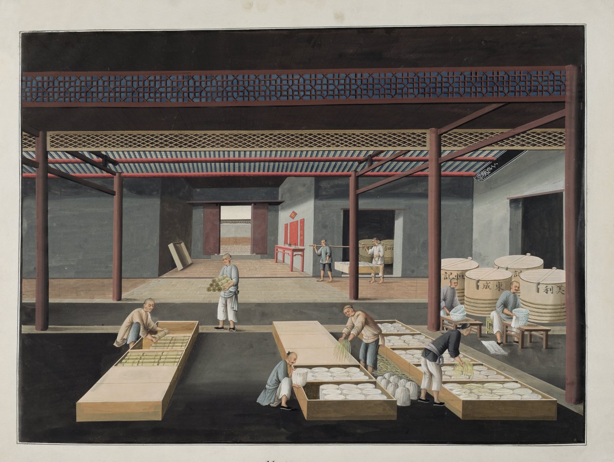 Kasserne og pakningen af skåle og fade, plade 12 i en serie på tolv, der viser processen med kinesisk porcelænsfremstilling, 1800-tallet af Chinese School