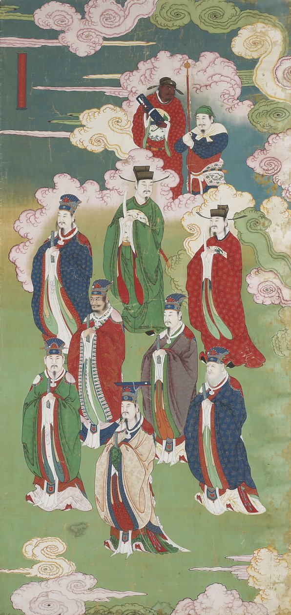 De ophøjede kejsere og guderne i de fem retninger, fra et buddhistisk land- og vandritualsæt (blæk, farver og guld på silke) af Chinese School