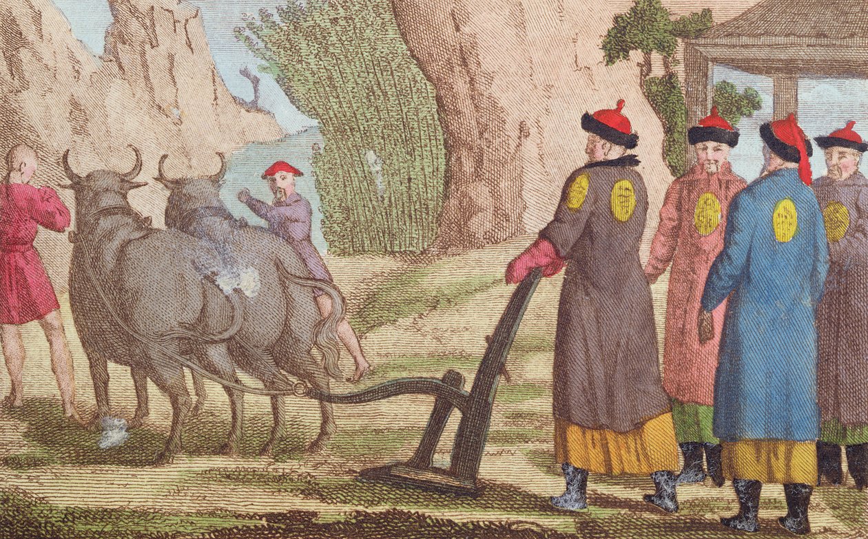 Pløjefestivalen i Kina, frontispice-illustration til La Chine en Miniature, af J.B. Breton, Paris, redigeret af Nepveu, 1811 (farvegravering) af Chinese School