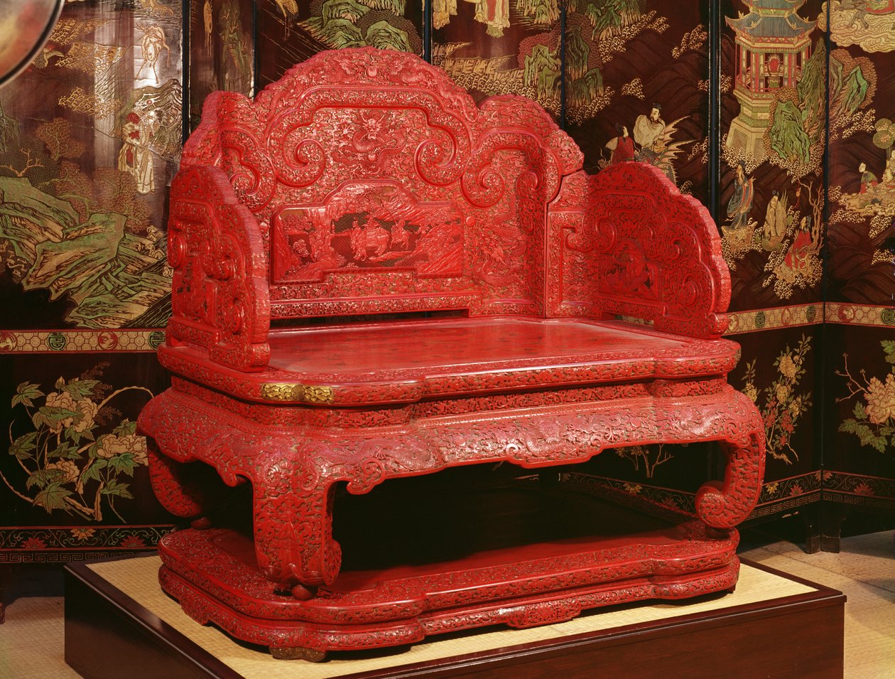 Kejser Chien Lungs trone (1711-99) (udskåret rød lak) af Chinese School