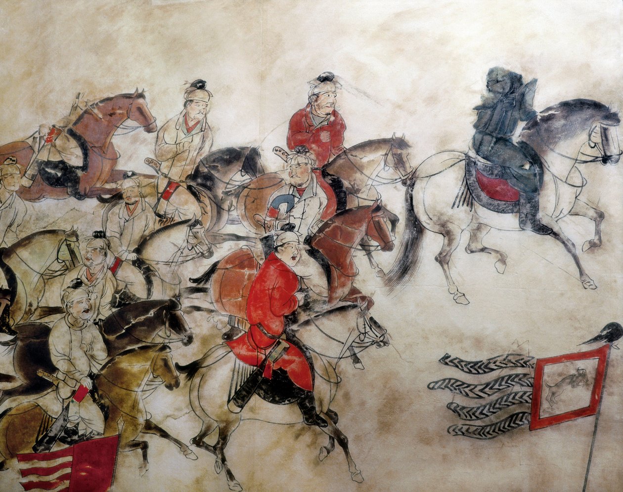 Prins Zhanghuais grav, jagtscene med heste, Xian, Han-perioden, 706 (vægmaleri) af Chinese School