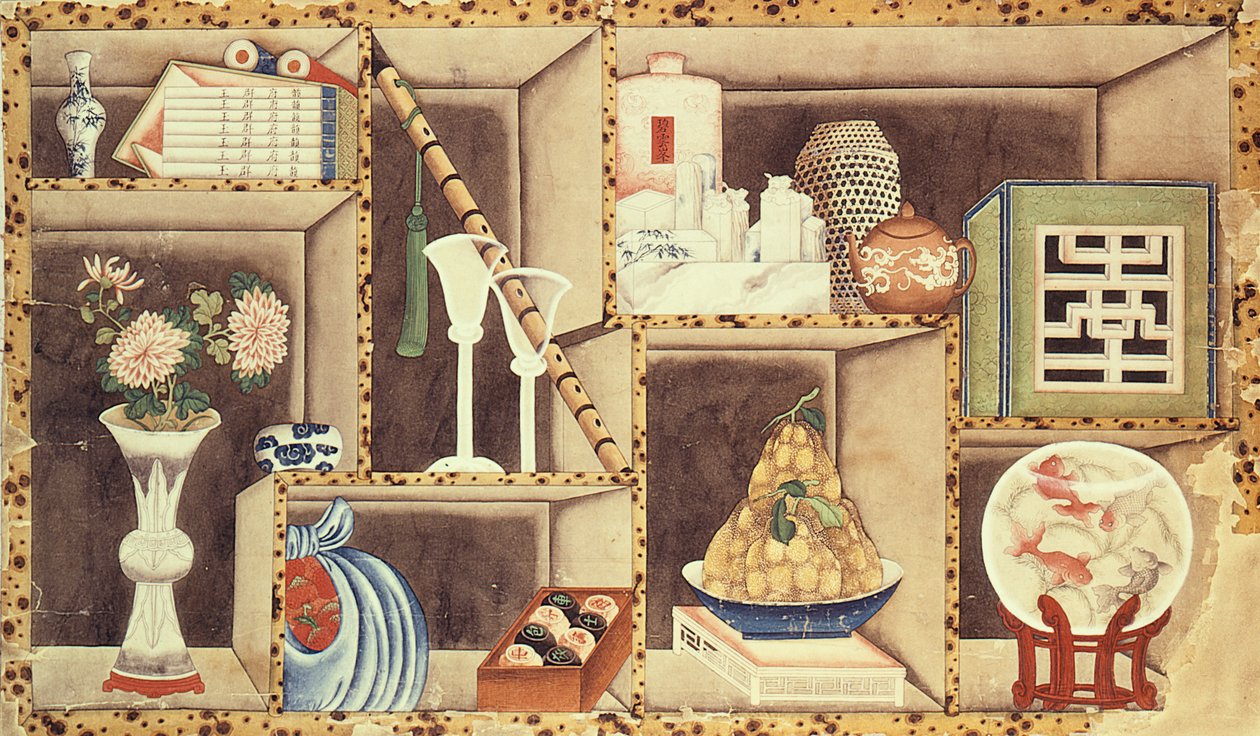 Trompe lOeil of Chinese Objects (wc på papir) af Chinese School