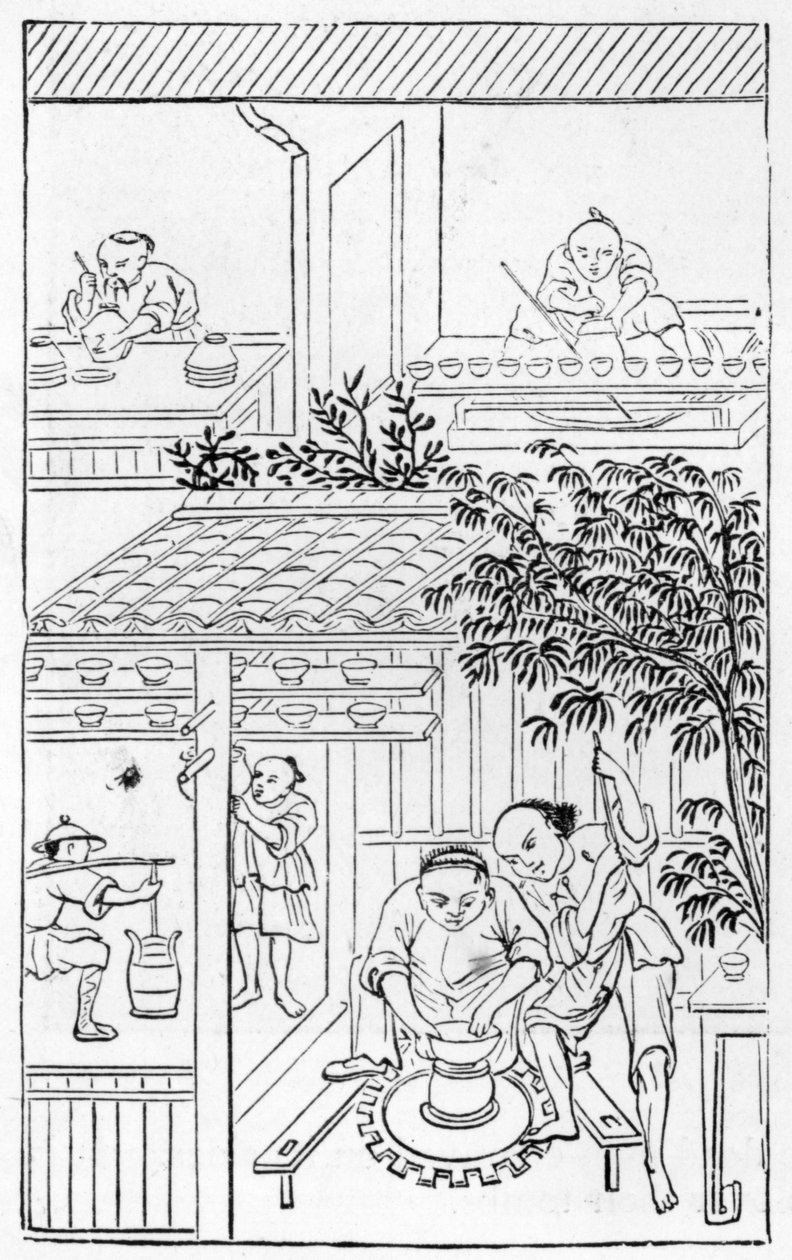 Drejebassiner, fra en række illustrationer om fremstilling af porcelæn (se 384116 & 384117 for hele serien) af Chinese School