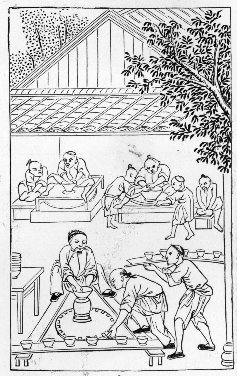 Drejekopper, fra en serie af illustrationer om fremstilling af porcelæn (se 384116 & 384117 for hele serien) af Chinese School