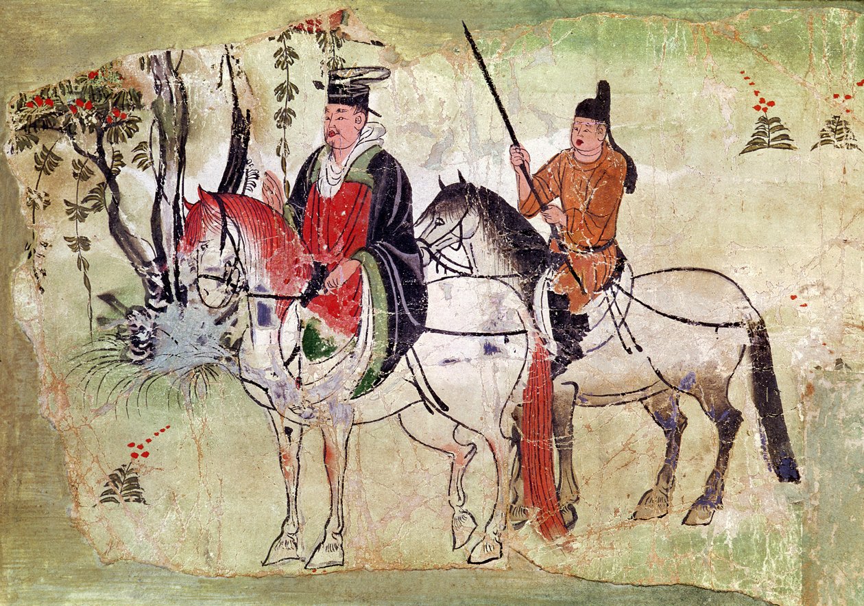 To ryttere i et landskab af, Bodhisattvaen og hans Equerry, Tang-perioden (malet sten) af Chinese School