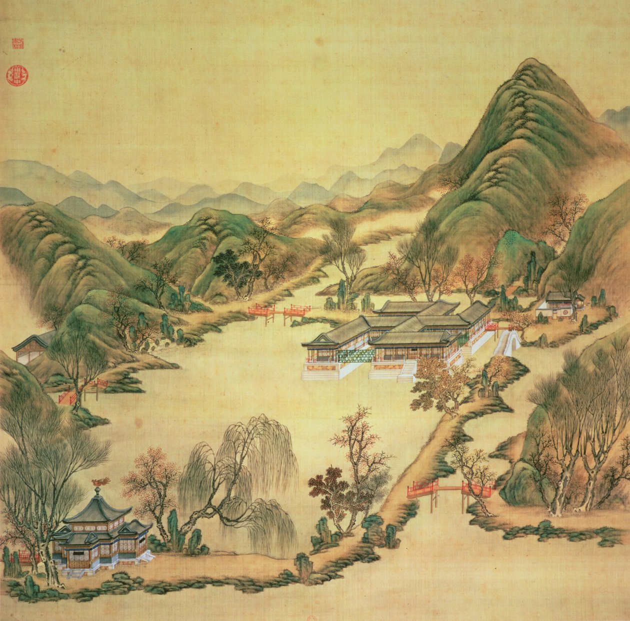 Udsigt over sommerpaladset, Peking (farve på silke) af Chinese School