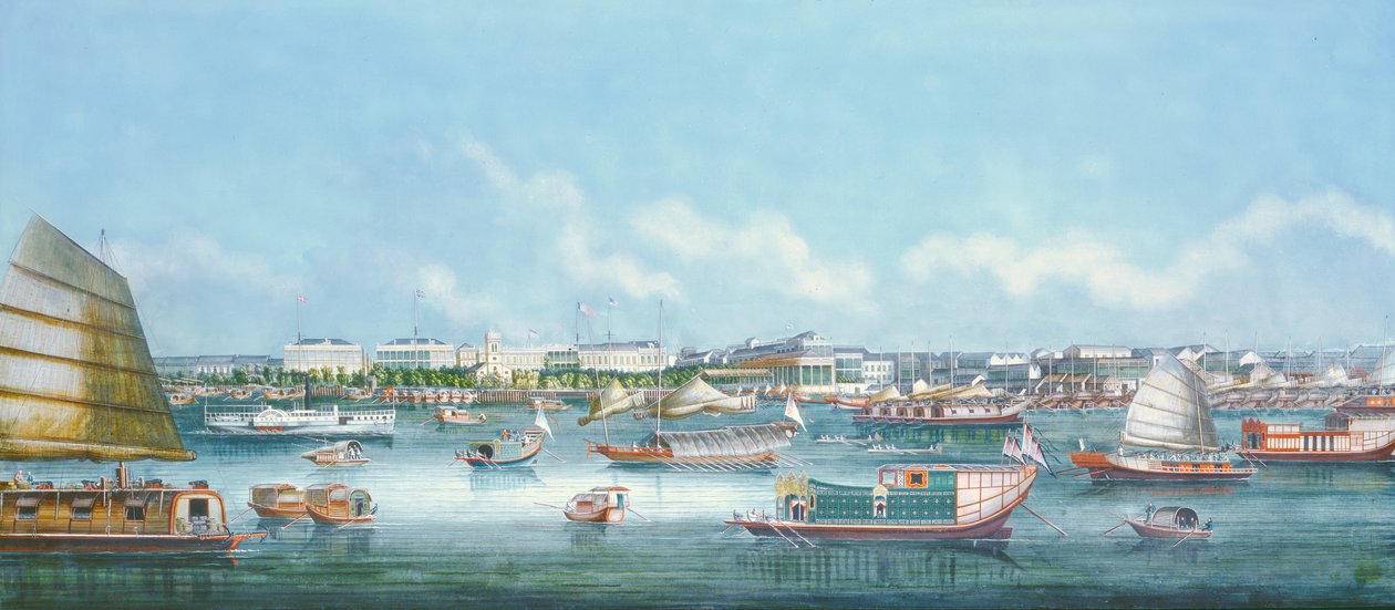 Udsigt over havnefronten ved Canton, ca. 1855 af Chinese School