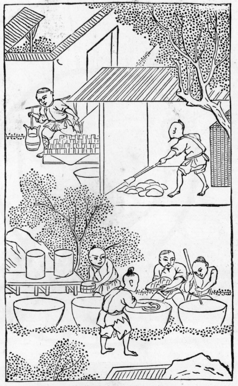 Vask af leret, fra en række illustrationer af fremstilling af porcelæn (se 384116 & 384117 for hele serien) af Chinese School