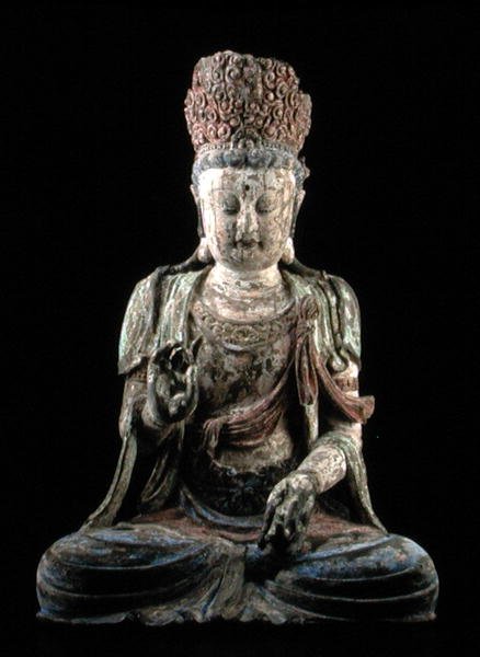 Stor siddende bodhisattva med hævede hænder, Jin-dynastiet (1115-1234) (træ og pigment) (se 206547) af Chinese School Chinese School