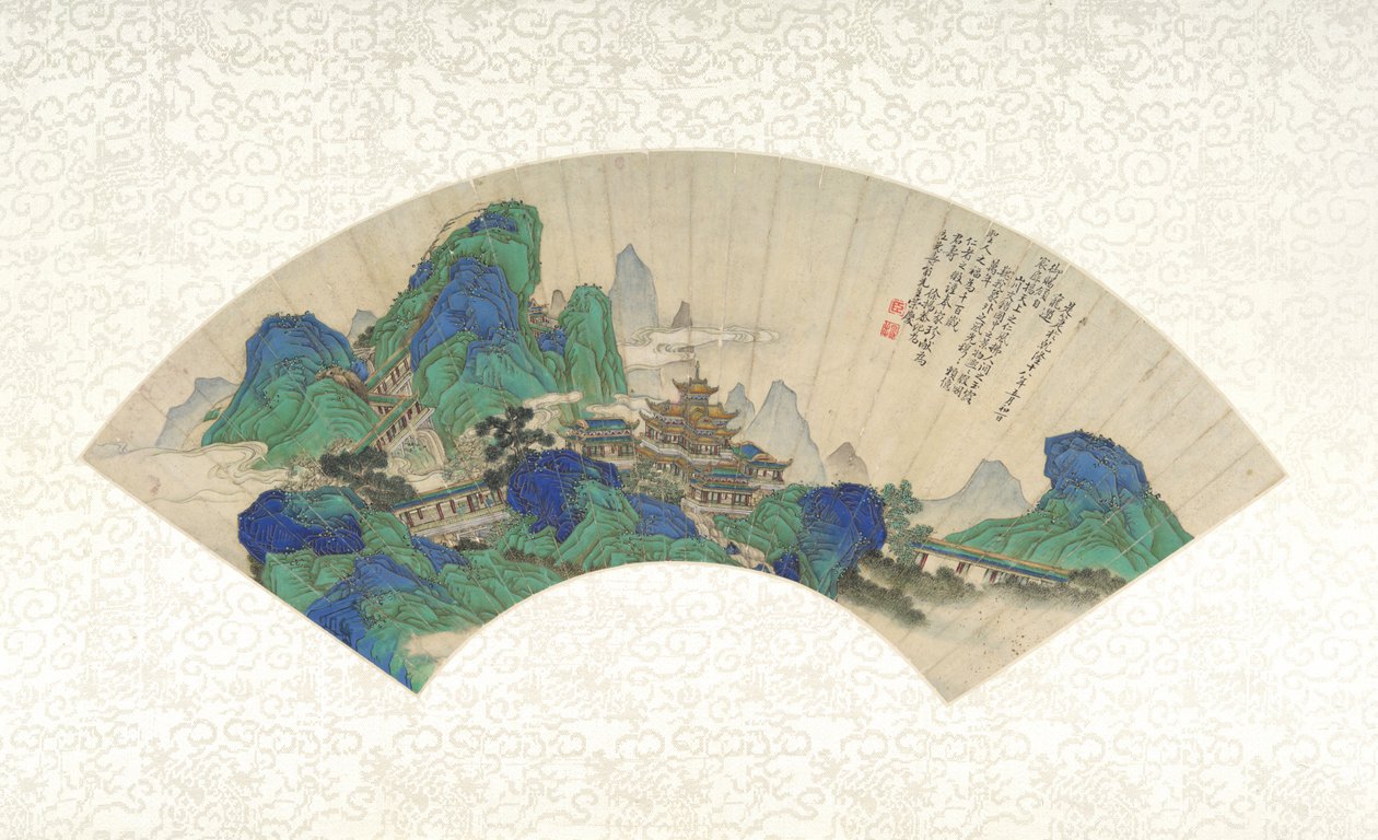 Palaces of the Immortals, foldevifte monteret som et albumblad, 1753 (blæk, farve og guld på papir) af Chinese School Chinese School